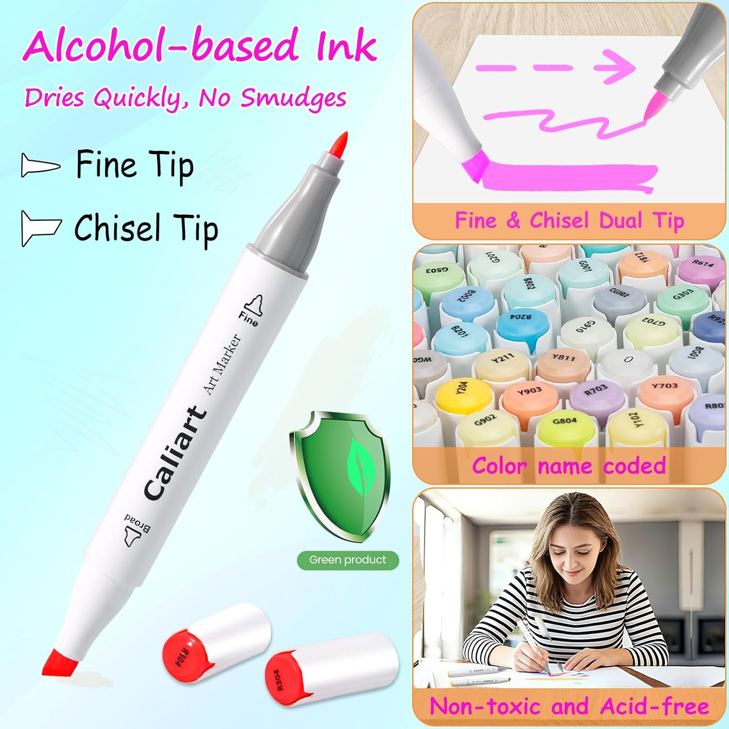 Caliart Alcohol Based Markers, 52 Colors Art Marker Set Fine & Chisel Dual Tip, Permanent Colored Pens for Adults Artists Coloring Book Illustration Sketch Lettering Drawing Cards Planner